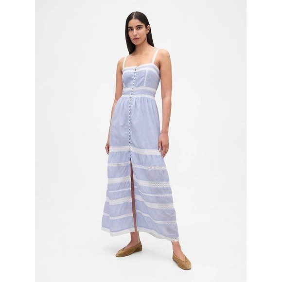 GAP Dresses & Skirts - GAP Lace Trim Maxi Dress S Petite Blue Stripe Cotton Button Front Cottagecore